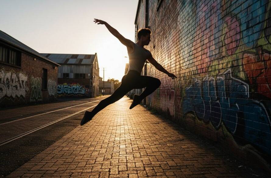 An energetic dancer leaps mid-air against a vibrant, graffiti-covered wall in Footscray, perfectly illustrating capturing dynamic dance photography Footscray with dramatic lighting and a sense of powerful movement.