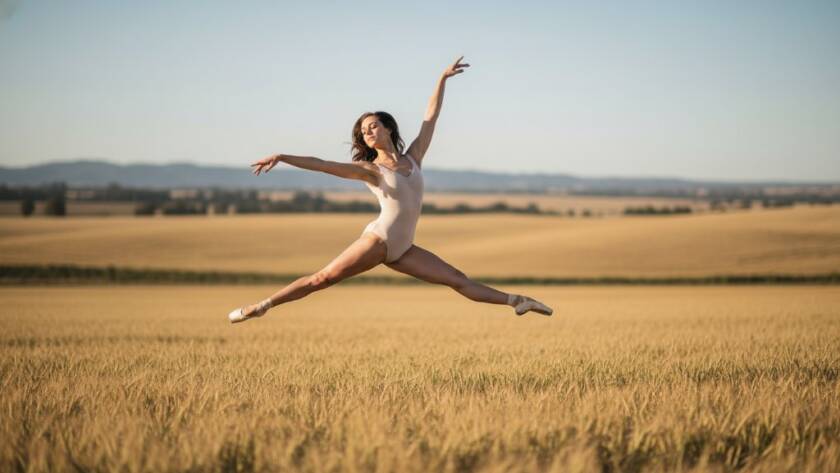 A male contemporary dancer mid-air, frozen in a powerful leap, silhouetted against a dramatic sunset over Melton's open fields, embodying the essence of capturing dynamic dance photography Melton with intense lighting and professional color grading.