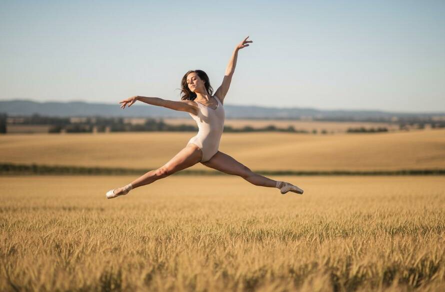 A male contemporary dancer mid-air, frozen in a powerful leap, silhouetted against a dramatic sunset over Melton's open fields, embodying the essence of capturing dynamic dance photography Melton with intense lighting and professional color grading.