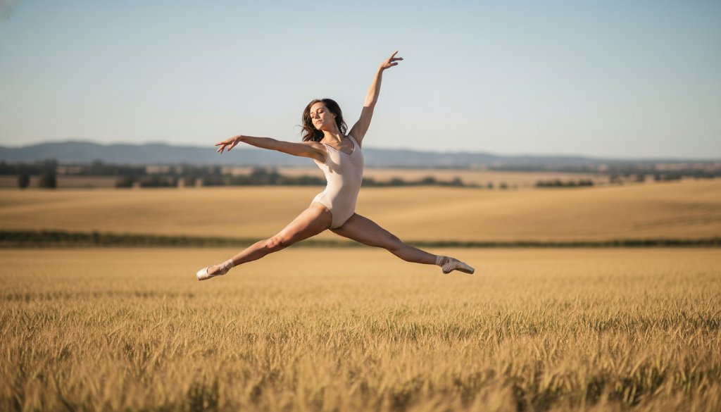 A male contemporary dancer mid-air, frozen in a powerful leap, silhouetted against a dramatic sunset over Melton's open fields, embodying the essence of capturing dynamic dance photography Melton with intense lighting and professional color grading.