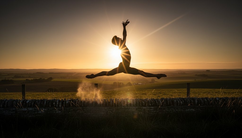 A male dancer captured mid-leap against a dramatic sunset sky over Miners Rest, Victoria, embodying the essence of capturing dynamic dance photography Miners Rest Victoria, with powerful athletic grace and artistic expression.