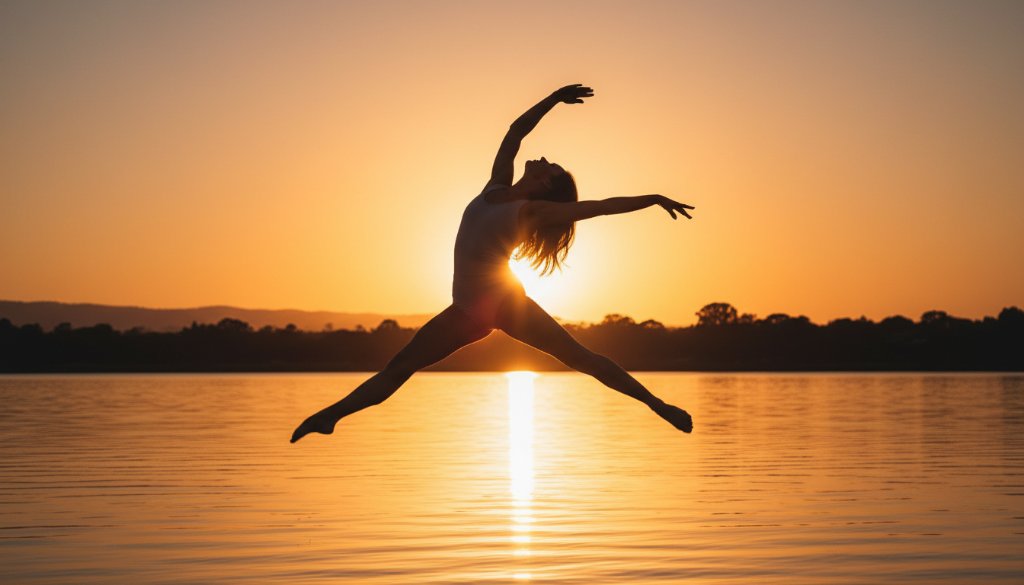 An energetic dancer mid-leap, silhouetted against a dramatic sunset over Lake Narracan, perfectly illustrating dynamic dance photography moments in Moe Victoria, captured with professional lighting.