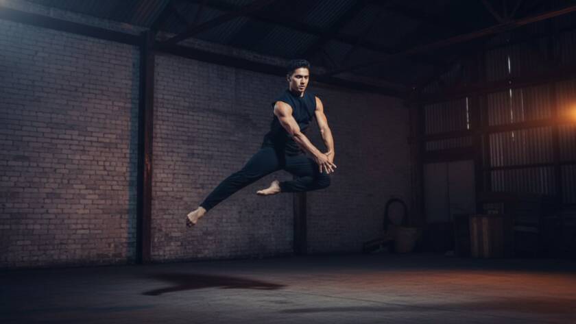 A male dancer in mid-air, performing an acrobatic leap during a dynamic dance photography moment in Clayton South, illuminated by dramatic stage lighting with an industrial urban backdrop.