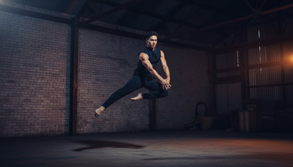 A male dancer in mid-air, performing an acrobatic leap during a dynamic dance photography moment in Clayton South, illuminated by dramatic stage lighting with an industrial urban backdrop.