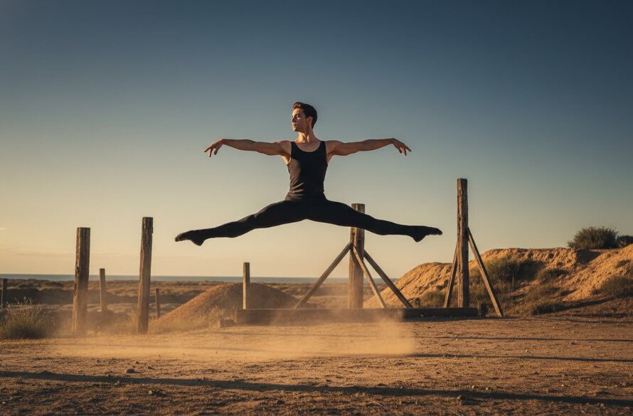 A male ballet dancer mid-air, silhouetted against a golden Eureka sunset, perfectly illustrating Capturing dynamic dance photography moments Eureka Victoria, showing grace and power.