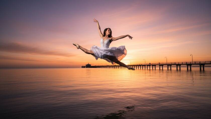 A dancer in a powerful leap against a stunning Mordialloc sunset, showcasing Capturing Dynamic Dance Photography Mordialloc with dramatic lighting and professional artistry.