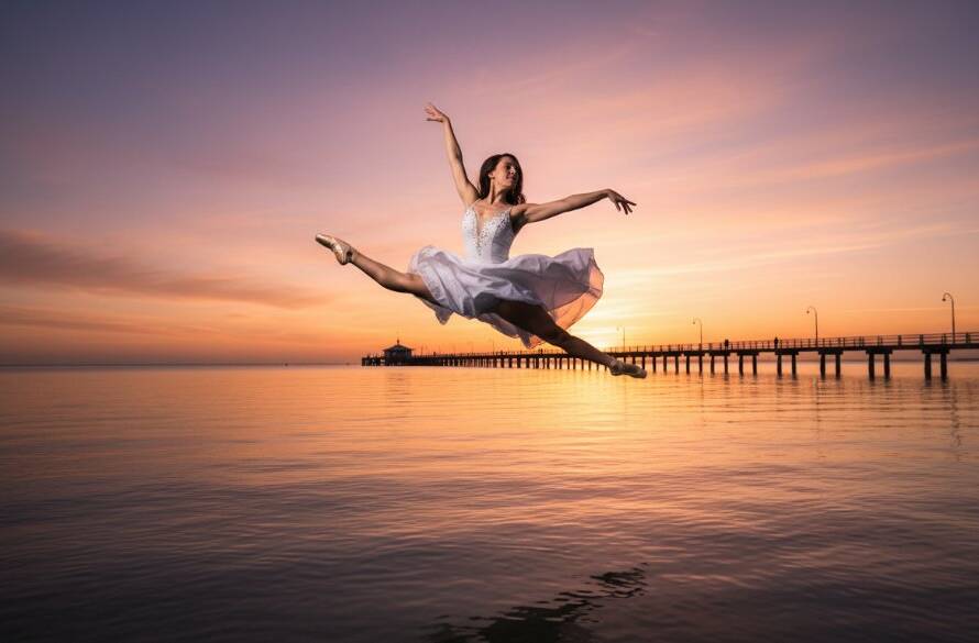 A dancer in a powerful leap against a stunning Mordialloc sunset, showcasing Capturing Dynamic Dance Photography Mordialloc with dramatic lighting and professional artistry.