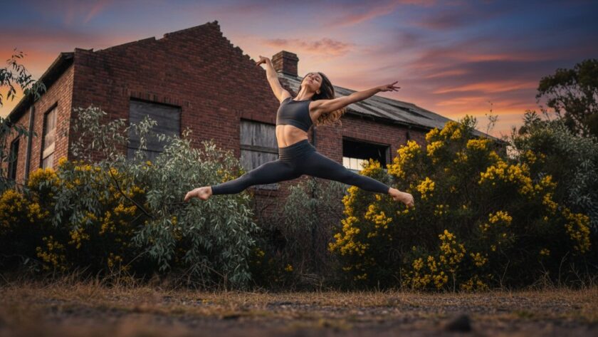 A male dancer in mid-air, performing a powerful leap against a soft-focus industrial backdrop in Morwell, Victoria, showcasing capturing dynamic dance photography Morwell Victoria with dramatic lighting and strong composition.