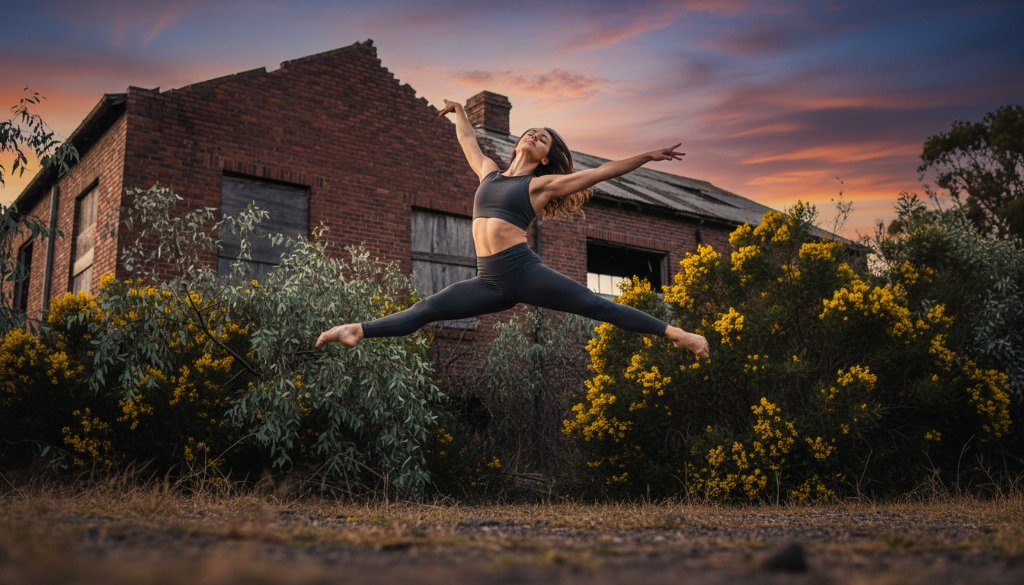 A male dancer in mid-air, performing a powerful leap against a soft-focus industrial backdrop in Morwell, Victoria, showcasing capturing dynamic dance photography Morwell Victoria with dramatic lighting and strong composition.