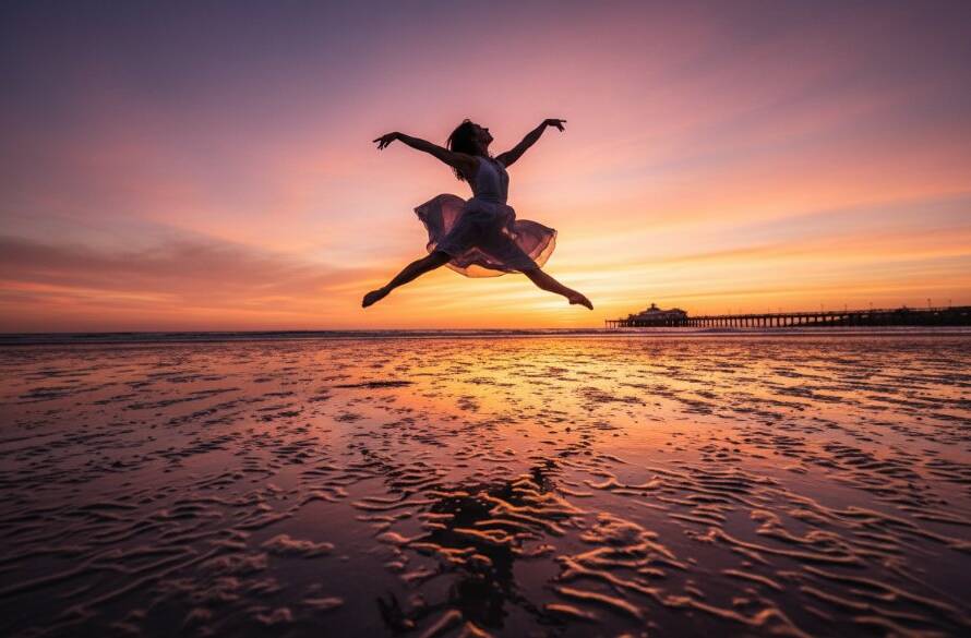 A powerful, epic moment of a dancer mid-air, silhouetted against a golden sunset over Parkdale Beach, showcasing dynamic dance photography Parkdale, with the iconic Parkdale Pier in the background, professional colour grading.