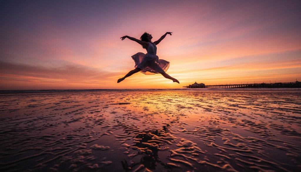 A powerful, epic moment of a dancer mid-air, silhouetted against a golden sunset over Parkdale Beach, showcasing dynamic dance photography Parkdale, with the iconic Parkdale Pier in the background, professional colour grading.
