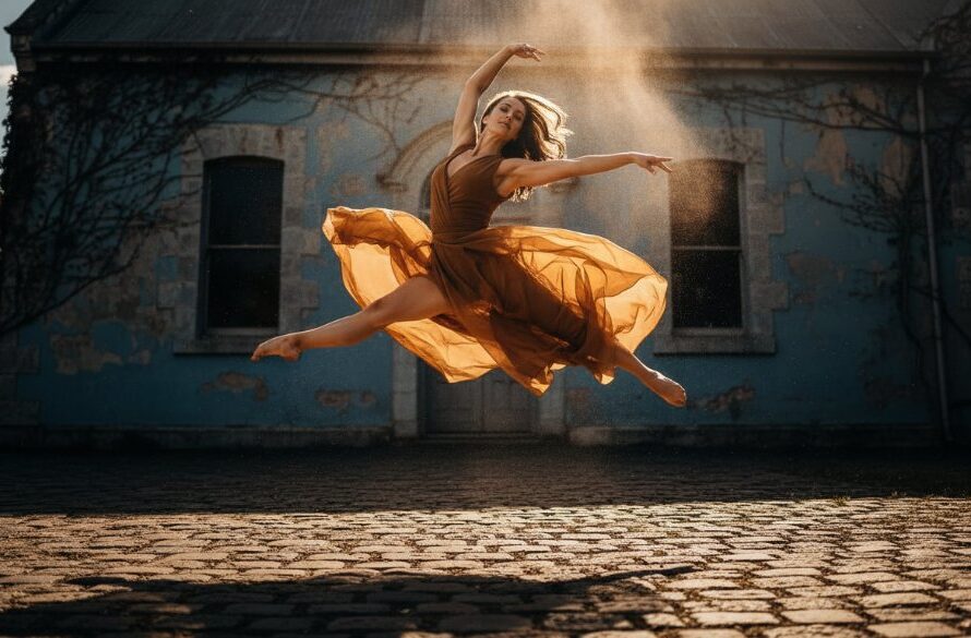 A female contemporary dancer captured mid-leap with incredible grace and power over a cobblestone path against a weathered Sebastopol bluestone building, showcasing the dynamic artistry of Capturing dynamic dance photography Sebastopol Victoria. Dramatic golden hour light emphasizes her form and the historic setting, creating an epic, professional portfolio shot.