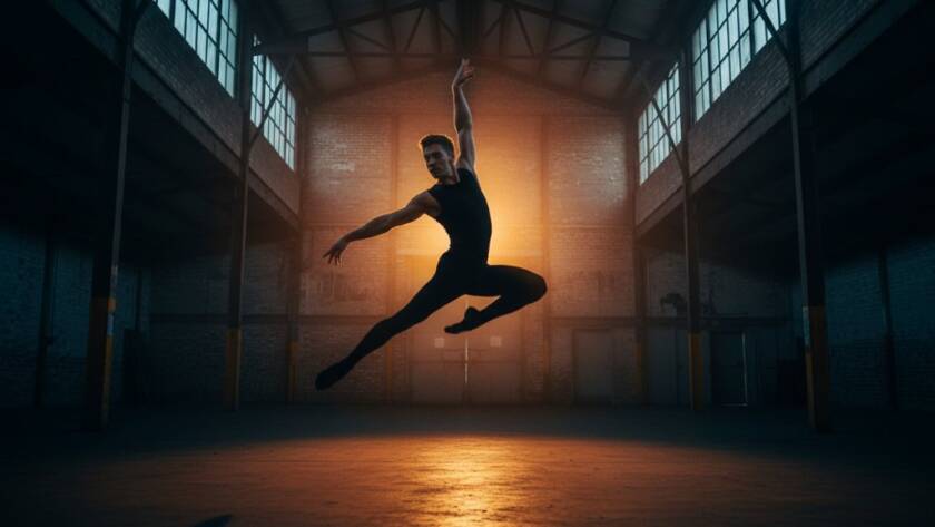 A powerful, dramatically lit photograph capturing dynamic dance photography Skye Victoria, showing a male dancer mid-leap against a blurred, vibrant backdrop reminiscent of a Skye evening glow, embodying an epic moment of strength and grace.