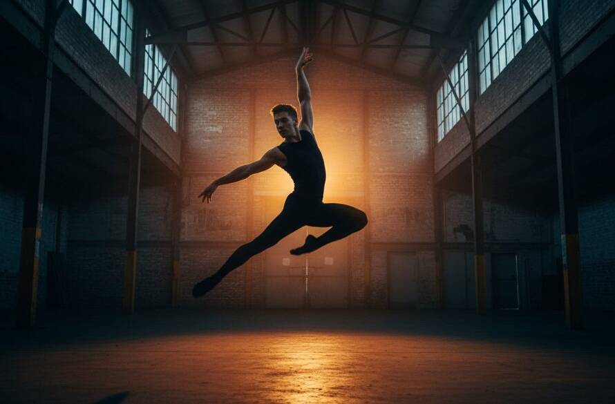 A powerful, dramatically lit photograph capturing dynamic dance photography Skye Victoria, showing a male dancer mid-leap against a blurred, vibrant backdrop reminiscent of a Skye evening glow, embodying an epic moment of strength and grace.