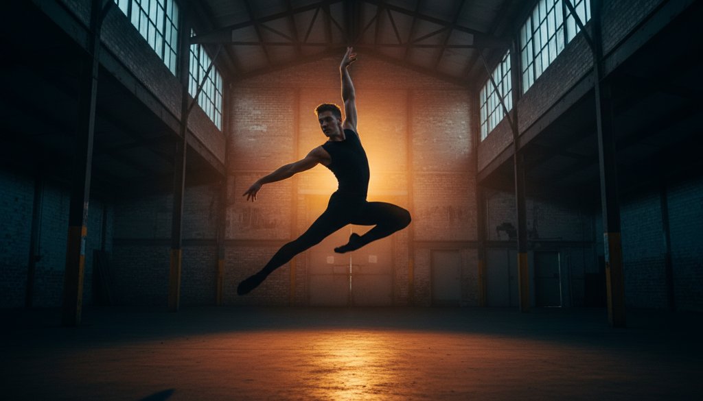 A powerful, dramatically lit photograph capturing dynamic dance photography Skye Victoria, showing a male dancer mid-leap against a blurred, vibrant backdrop reminiscent of a Skye evening glow, embodying an epic moment of strength and grace.