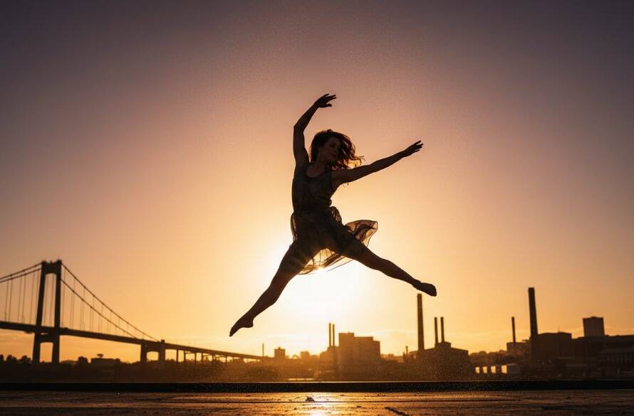 A powerful female dancer in mid-leap, silhouetted against the setting sun at the historic Spotswood Pumping Station, showcasing exceptional form and emotion, perfectly embodying capturing dynamic dance photography Spotswood Victoria.