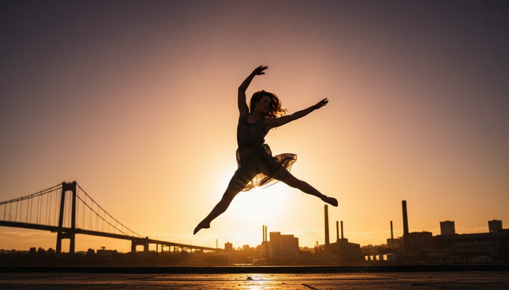 A powerful female dancer in mid-leap, silhouetted against the setting sun at the historic Spotswood Pumping Station, showcasing exceptional form and emotion, perfectly embodying capturing dynamic dance photography Spotswood Victoria.
