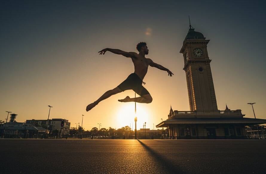 A powerful male contemporary dancer captured mid-leap against a dramatic sunset over Sunshine's historic train station clock tower, showcasing dynamic movement and artistic expression, perfect for capturing dynamic dance photography Sunshine Victoria.