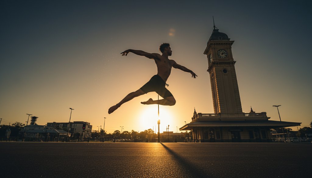 A powerful male contemporary dancer captured mid-leap against a dramatic sunset over Sunshine's historic train station clock tower, showcasing dynamic movement and artistic expression, perfect for capturing dynamic dance photography Sunshine Victoria.