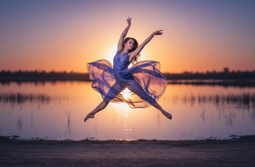 A male ballet dancer, mid-leap, silhouetted against a dramatic sunset over a Tarneit park, showcasing the power and grace of capturing dynamic dance photography Tarneit with professional lighting.