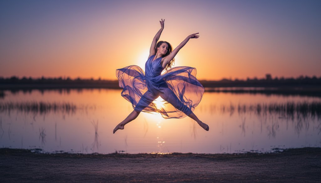A male ballet dancer, mid-leap, silhouetted against a dramatic sunset over a Tarneit park, showcasing the power and grace of capturing dynamic dance photography Tarneit with professional lighting.