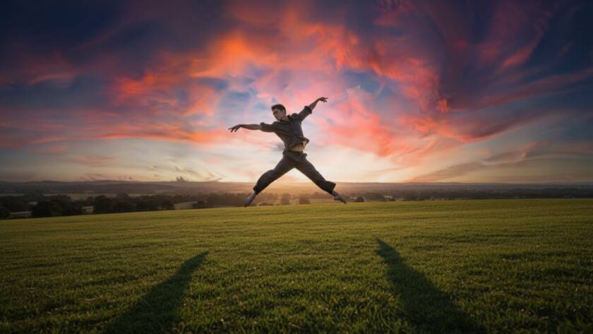 A breathtaking professional photograph capturing dynamic dance photography Taylors Hill, showing a dancer mid-leap against a dramatic Taylors Hill sunset, embodying grace and power.