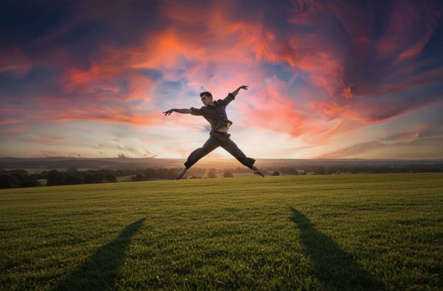 A breathtaking professional photograph capturing dynamic dance photography Taylors Hill, showing a dancer mid-leap against a dramatic Taylors Hill sunset, embodying grace and power.