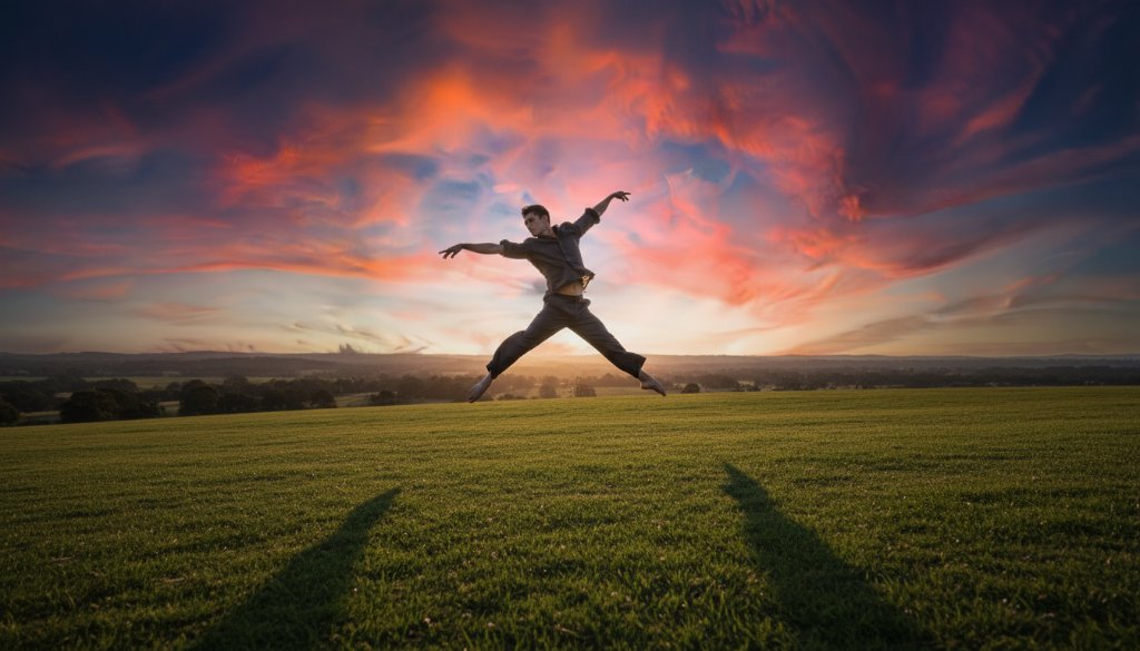 A breathtaking professional photograph capturing dynamic dance photography Taylors Hill, showing a dancer mid-leap against a dramatic Taylors Hill sunset, embodying grace and power.