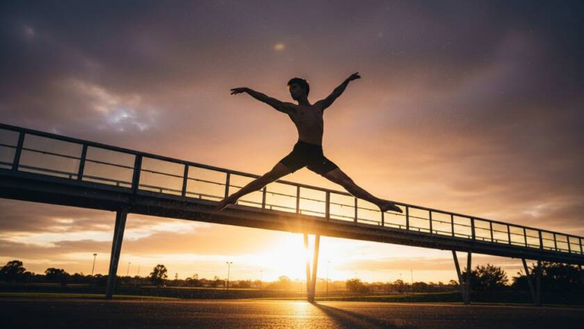 A male contemporary dancer in mid-air, performing a powerful leap against a soft-focused urban backdrop of Burnside, Victoria, showcasing a breathtaking moment from a capturing dynamic dance photoshoots Burnside session with dramatic, cinematic lighting.
