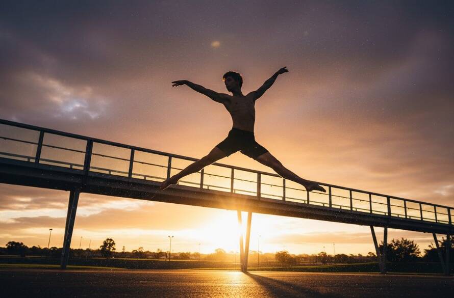 A male contemporary dancer in mid-air, performing a powerful leap against a soft-focused urban backdrop of Burnside, Victoria, showcasing a breathtaking moment from a capturing dynamic dance photoshoots Burnside session with dramatic, cinematic lighting.