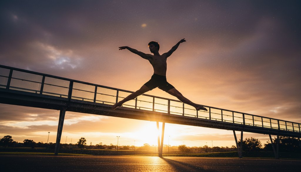 A male contemporary dancer in mid-air, performing a powerful leap against a soft-focused urban backdrop of Burnside, Victoria, showcasing a breathtaking moment from a capturing dynamic dance photoshoots Burnside session with dramatic, cinematic lighting.