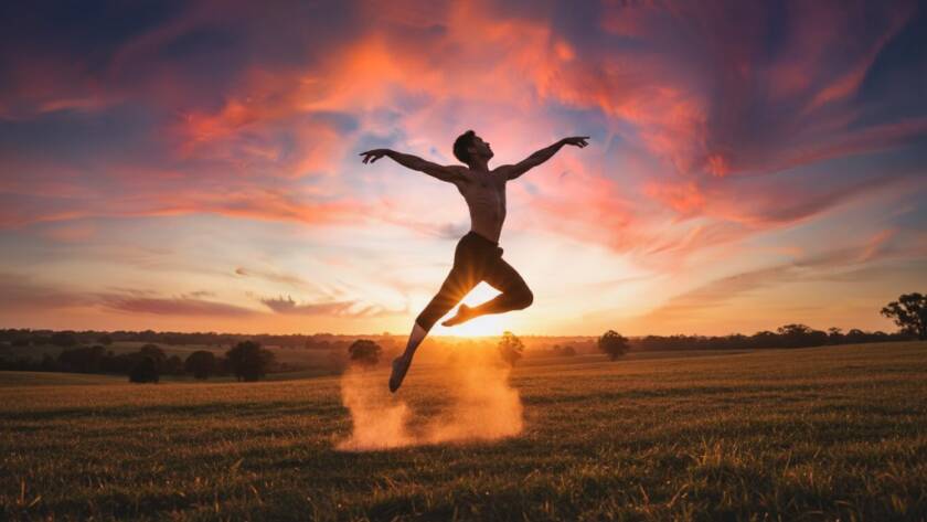 A powerful, dynamic image from 'Capturing Dynamic Dance Photoshoots Deer Park VIC' featuring a ballet dancer mid-air, silhouetted against a dramatic sunset over Deer Park's open fields, showcasing graceful strength and artistic expression.