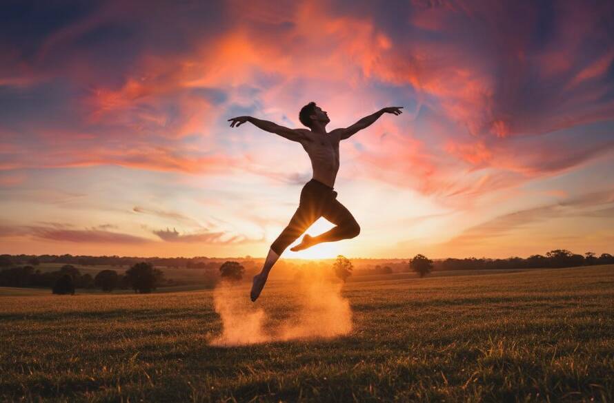A powerful, dynamic image from 'Capturing Dynamic Dance Photoshoots Deer Park VIC' featuring a ballet dancer mid-air, silhouetted against a dramatic sunset over Deer Park's open fields, showcasing graceful strength and artistic expression.