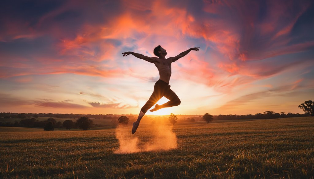 A powerful, dynamic image from 'Capturing Dynamic Dance Photoshoots Deer Park VIC' featuring a ballet dancer mid-air, silhouetted against a dramatic sunset over Deer Park's open fields, showcasing graceful strength and artistic expression.