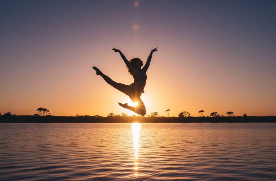 A professional, colour-graded photograph capturing dynamic dance in Seabrook's natural light, featuring a contemporary dancer mid-air in an awe-inspiring leap, silhouetted against a golden hour sunset over Point Cook Coastal Park in Seabrook, Victoria, showcasing dramatic motion and artistic grace.