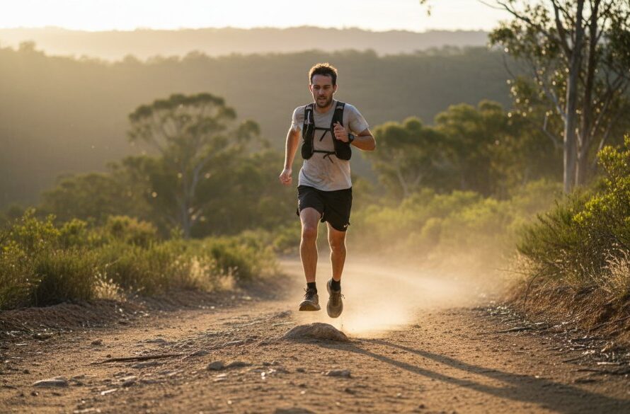 An epic moment captured in dynamic Daylesford sports photography, featuring a cyclist in full flight, cresting a hill near Lake Daylesford with dramatic golden hour light, sweat, and intense focus visible on their face, showcasing professional motion blur and vibrant colours.