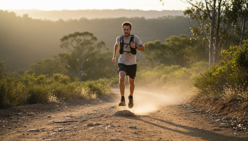 An epic moment captured in dynamic Daylesford sports photography, featuring a cyclist in full flight, cresting a hill near Lake Daylesford with dramatic golden hour light, sweat, and intense focus visible on their face, showcasing professional motion blur and vibrant colours.