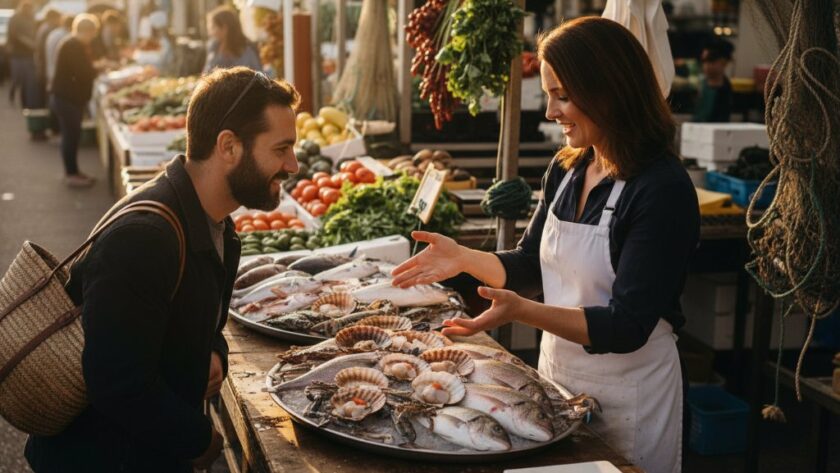 An epic moment captured through dynamic editorial photography in Lakes Entrance, Victoria, showing a vibrant local market scene with a chef passionately explaining local produce, bathed in warm morning light, embodying authentic community spirit.