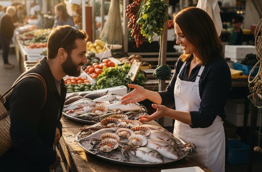 An epic moment captured through dynamic editorial photography in Lakes Entrance, Victoria, showing a vibrant local market scene with a chef passionately explaining local produce, bathed in warm morning light, embodying authentic community spirit.