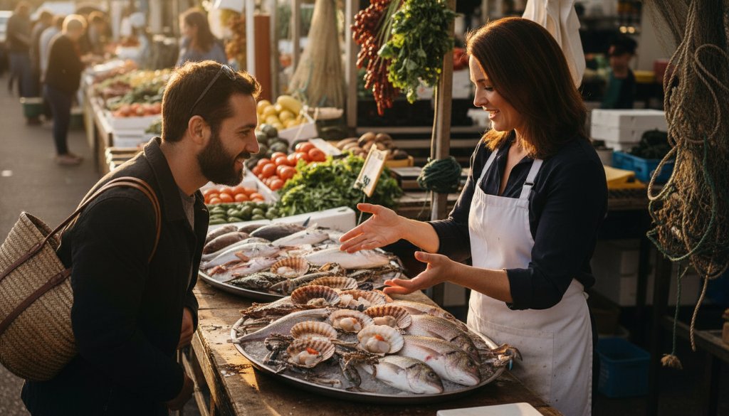 An epic moment captured through dynamic editorial photography in Lakes Entrance, Victoria, showing a vibrant local market scene with a chef passionately explaining local produce, bathed in warm morning light, embodying authentic community spirit.