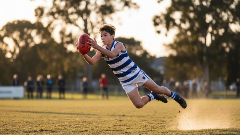A professional photograph capturing dynamic junior sports Bayswater Victoria, showing a young Australian Rules Football player in mid-air, making a spectacular mark during a golden hour match at a local Bayswater oval, with dramatic backlighting and a blurred crowd in the background, conveying intense focus and athleticism.