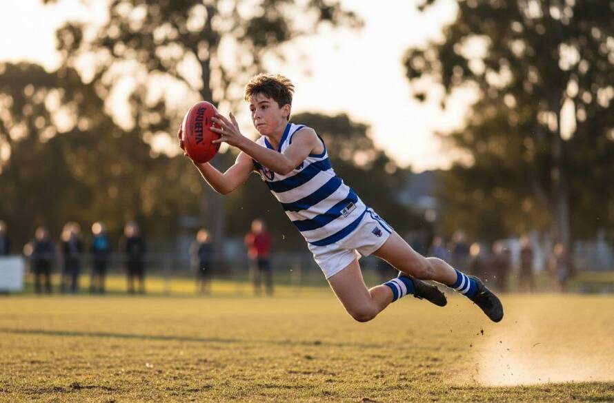 A professional photograph capturing dynamic junior sports Bayswater Victoria, showing a young Australian Rules Football player in mid-air, making a spectacular mark during a golden hour match at a local Bayswater oval, with dramatic backlighting and a blurred crowd in the background, conveying intense focus and athleticism.
