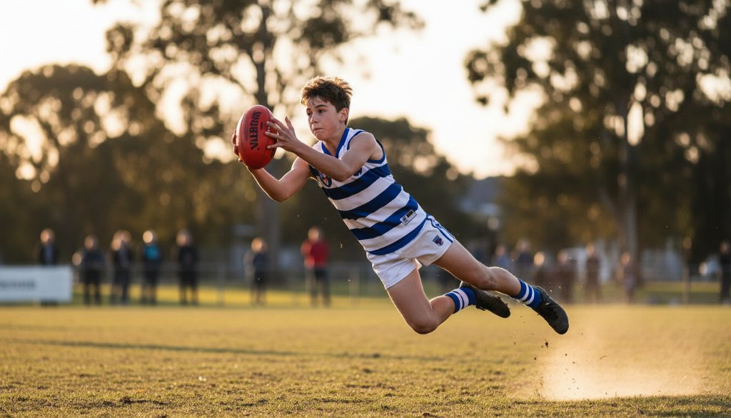 A professional photograph capturing dynamic junior sports Bayswater Victoria, showing a young Australian Rules Football player in mid-air, making a spectacular mark during a golden hour match at a local Bayswater oval, with dramatic backlighting and a blurred crowd in the background, conveying intense focus and athleticism.