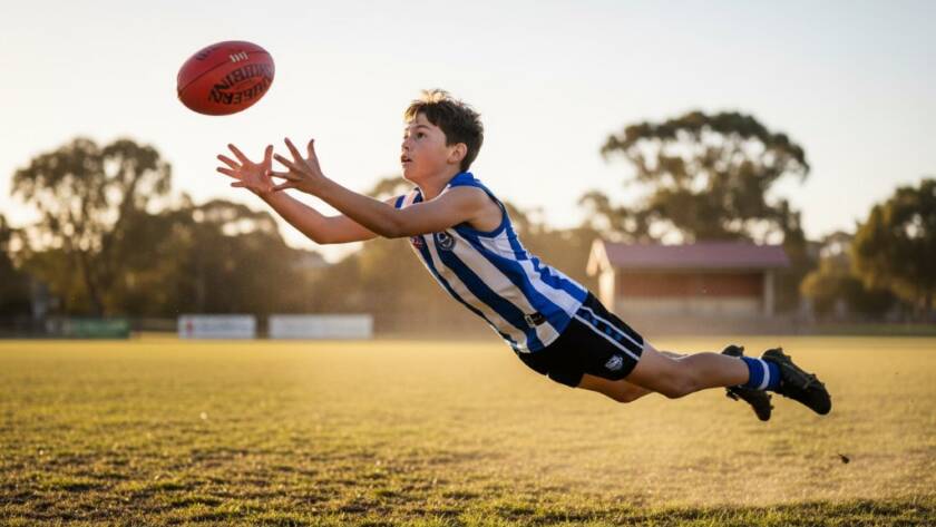 An exhilarating, low-angle shot of a young athlete mid-action on a sunny Croydon sports field, demonstrating the power of capturing dynamic junior sports moments Croydon with dramatic flair.