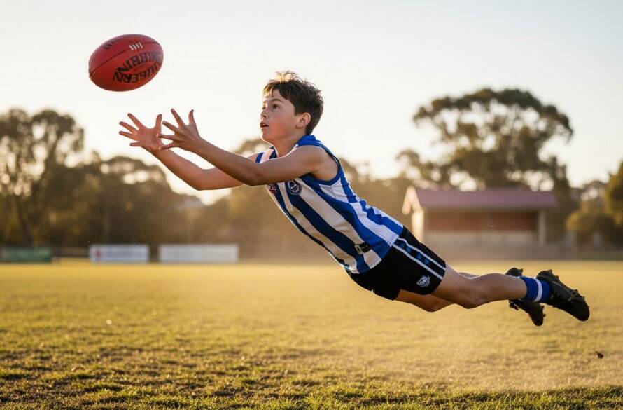 An exhilarating, low-angle shot of a young athlete mid-action on a sunny Croydon sports field, demonstrating the power of capturing dynamic junior sports moments Croydon with dramatic flair.