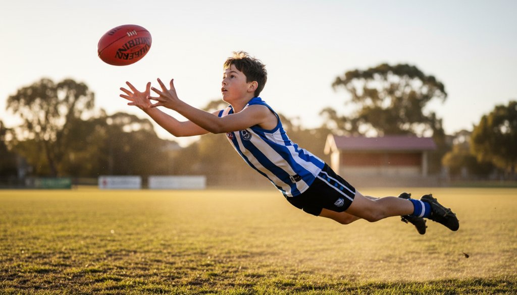 An exhilarating, low-angle shot of a young athlete mid-action on a sunny Croydon sports field, demonstrating the power of capturing dynamic junior sports moments Croydon with dramatic flair.