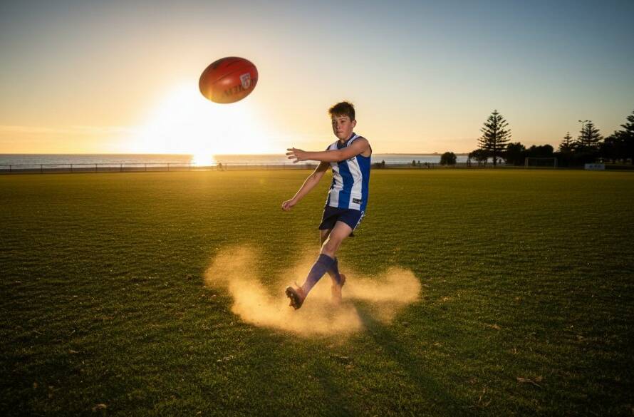 Dynamic wide-angle shot capturing junior sports moments Edithvale, featuring a young footballer mid-kick under dramatic sunset lighting on a local oval, with Edithvale Beach in the background.