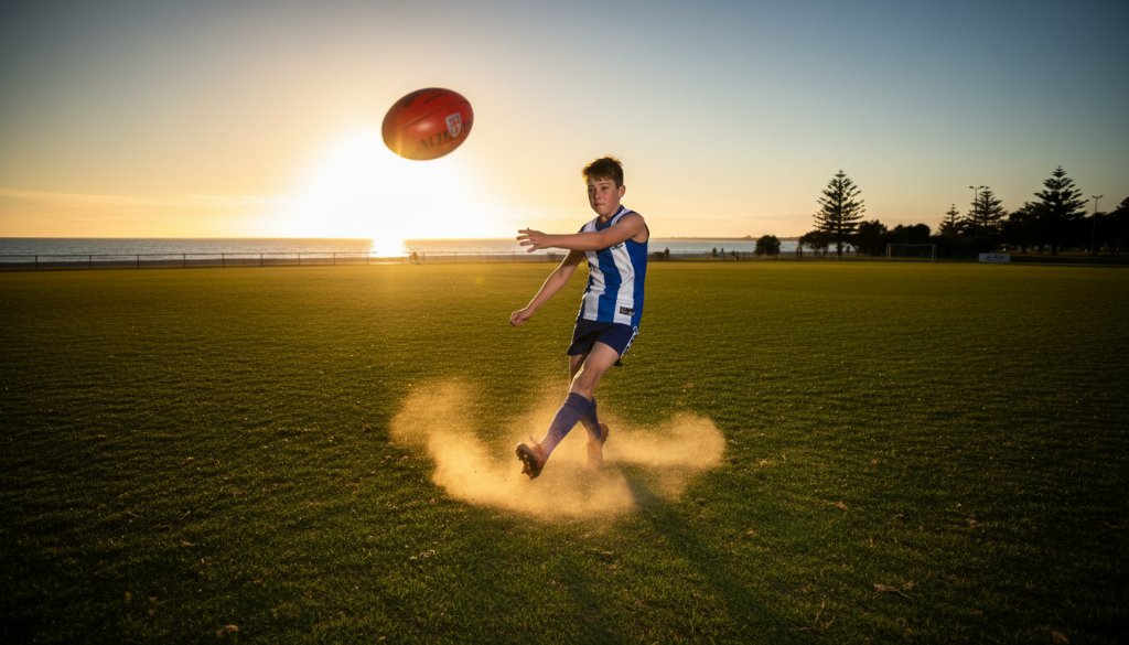 Dynamic wide-angle shot capturing junior sports moments Edithvale, featuring a young footballer mid-kick under dramatic sunset lighting on a local oval, with Edithvale Beach in the background.