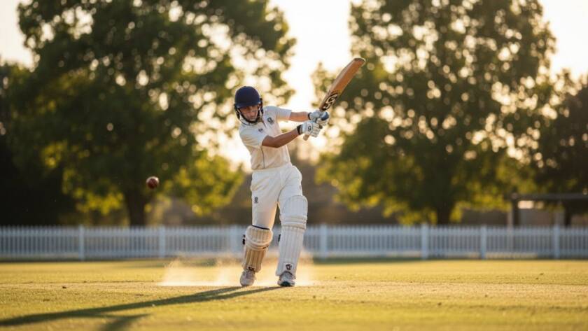 An exhilarating, low-angle shot of a junior cricketer mid-swing, captured during a sunny afternoon match in Tooradin, Victoria, perfectly illustrating Capturing dynamic junior sports photography Tooradin with dramatic backlighting and a blurred background.