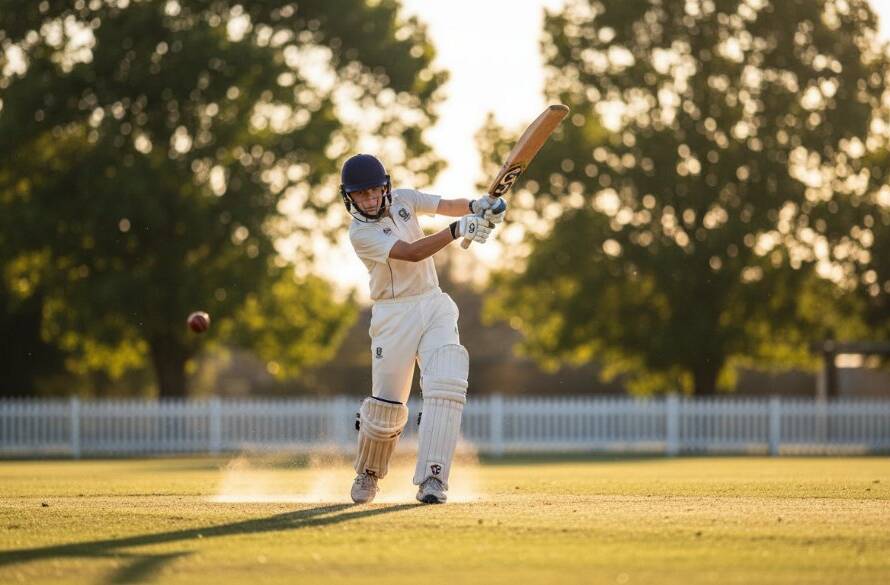 An exhilarating, low-angle shot of a junior cricketer mid-swing, captured during a sunny afternoon match in Tooradin, Victoria, perfectly illustrating Capturing dynamic junior sports photography Tooradin with dramatic backlighting and a blurred background.